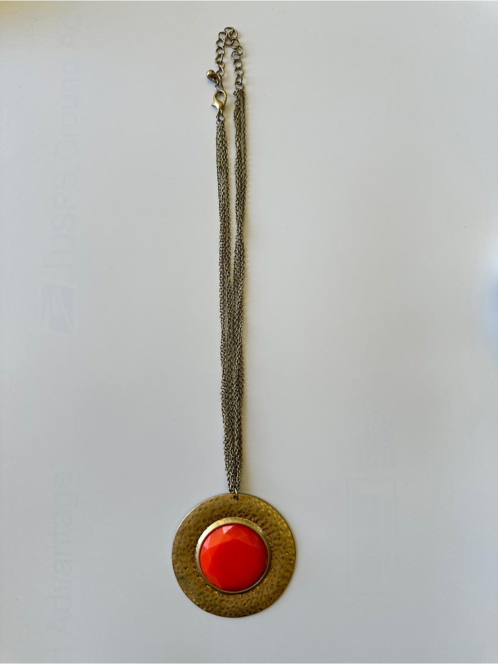 Red Center Pendant Necklace - Brushed Gold Tone Disc